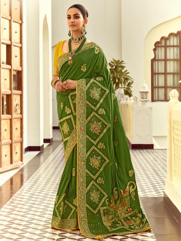 Green Mirror Work Wedding Saree With Blouse