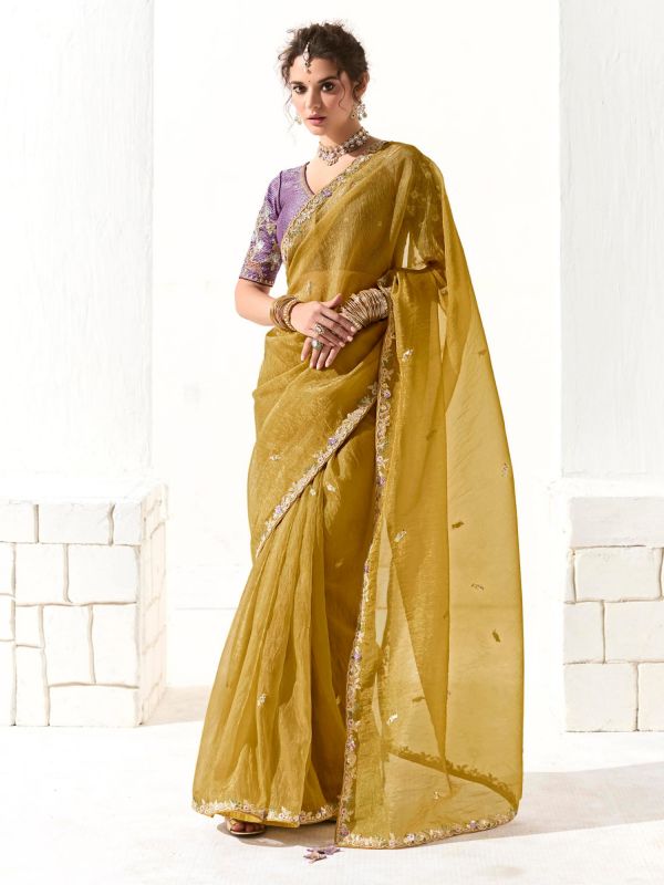 Yellow Wedding Saree In Organza With Floral Work