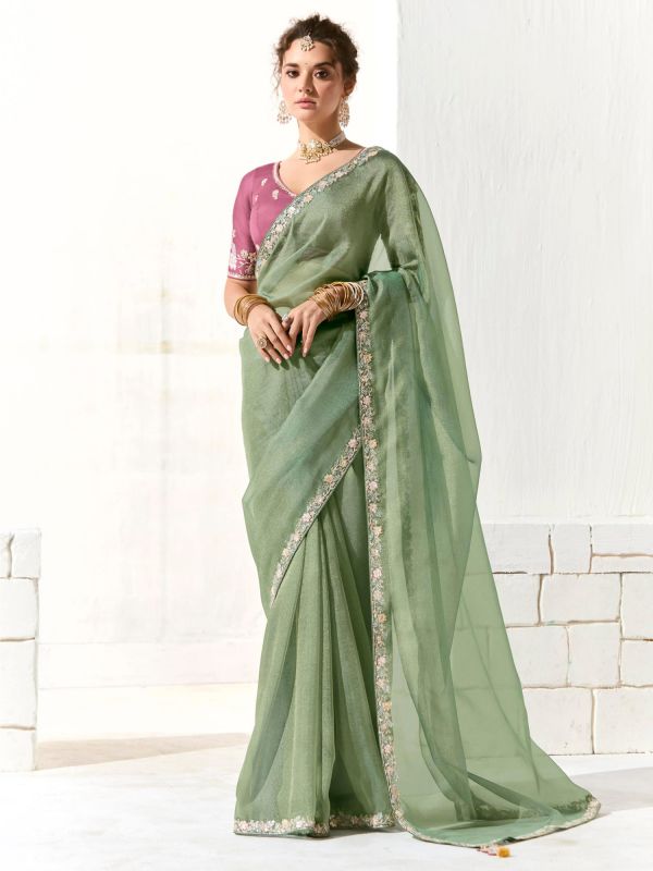 Green Sequins Work Saree With Designer Blouse