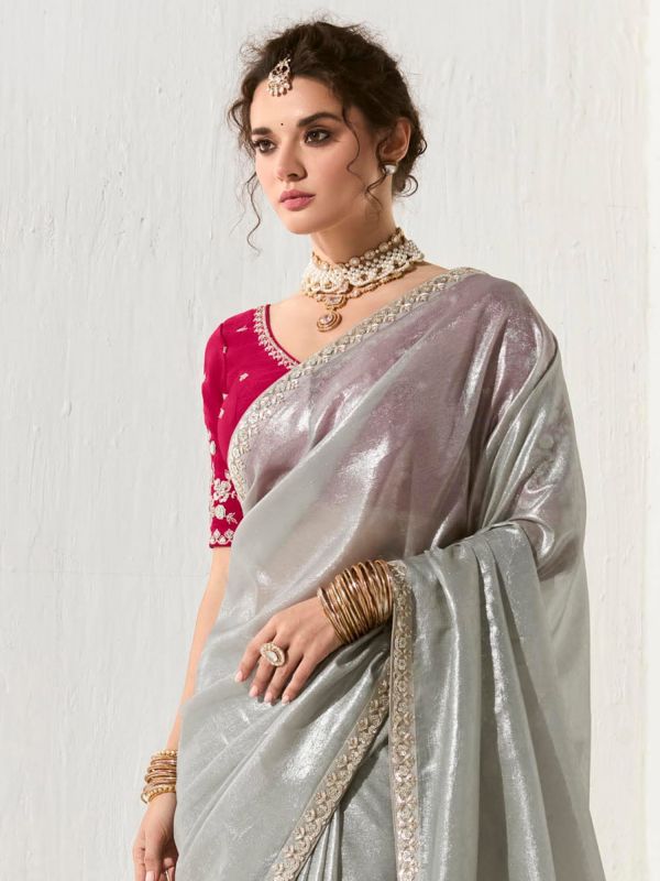 Grey Organza Saree With Sequins Embroidered Borders