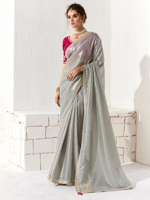 Grey Organza Saree With Sequins Embroidered Borders
