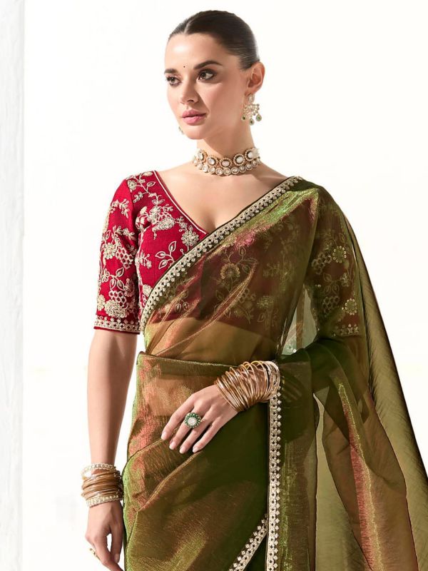 Olive Green Zari Embellished Saree With Blouse