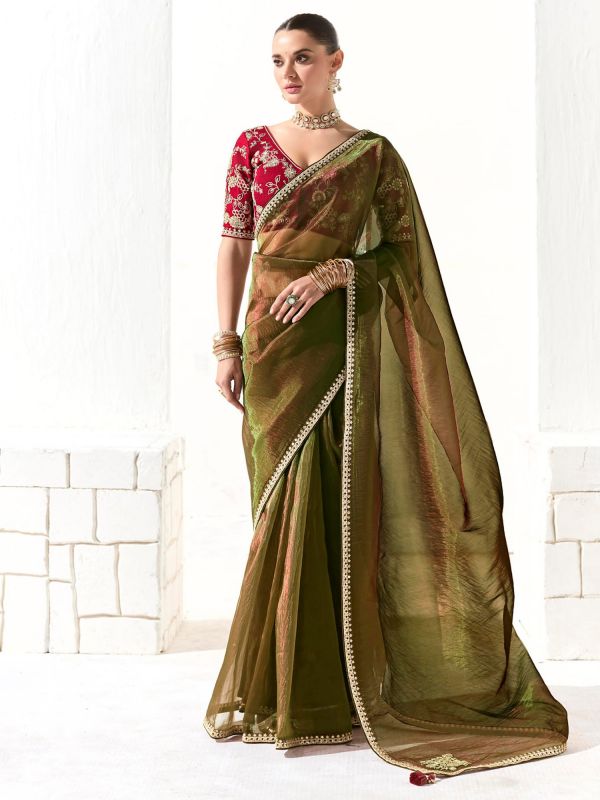 Olive Green Zari Embellished Saree With Blouse