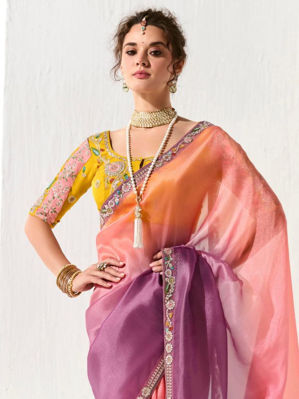 Peach And Purple Shaded Saree In Thread Embroidery