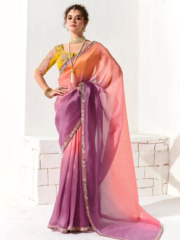 Peach And Purple Shaded Saree In Thread Embroidery