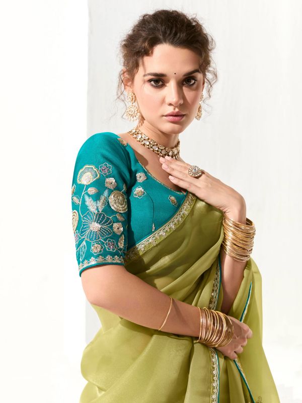 Green Festive Saree With Embroidered Blouse