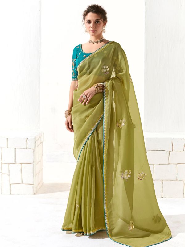 Green Festive Saree With Embroidered Blouse