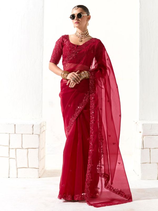 Turkey Red Heavy Embroidered Bridal Saree