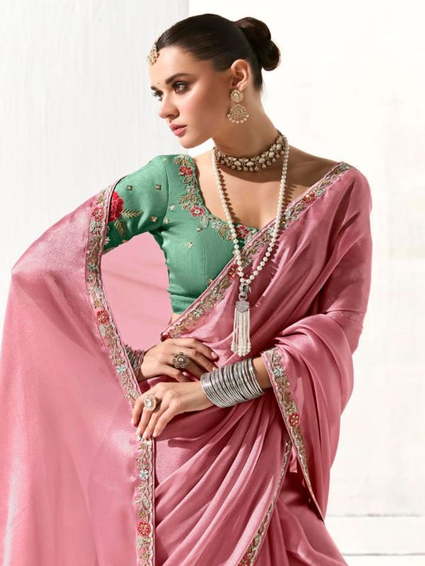 Pink Floral Embellished Bridesmaid Saree In Silk
