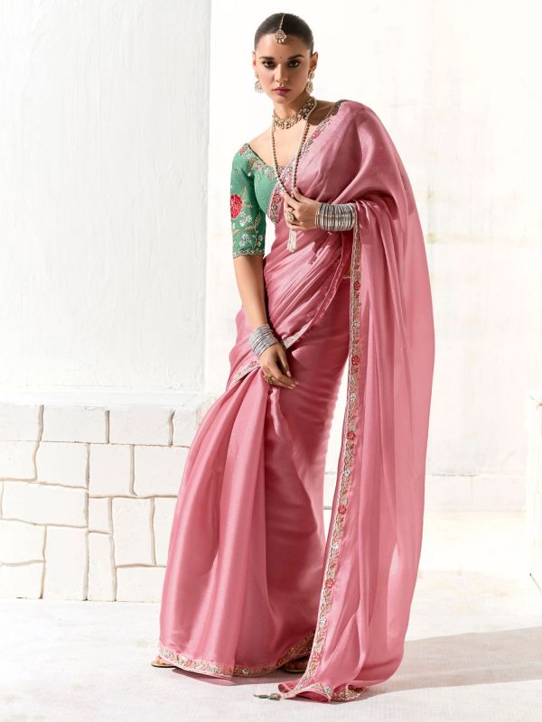 Pink Floral Embellished Bridesmaid Saree In Silk