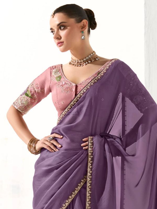 Purple Party Saree In Sequins Embroidery With Blouse