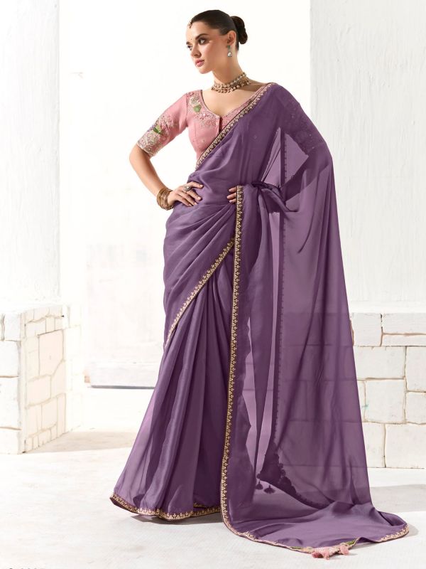 Purple Party Saree In Sequins Embroidery With Blouse
