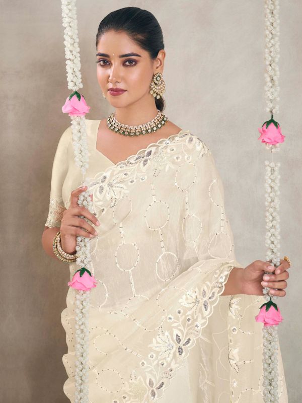 Off White Sequins Augmented Saree In Organza Silk