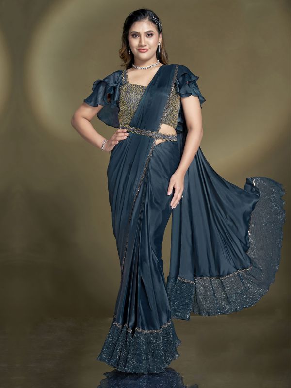 Blue Party Wear Readymade Saree In Ruffle Style