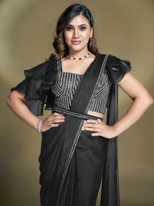 Black Readymade Saree With Embroidered Borders