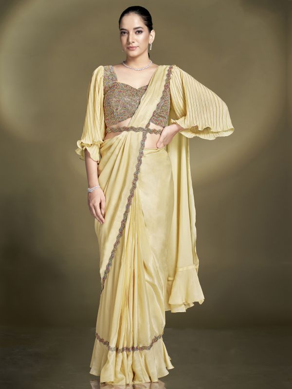 Light Yellow Hand Work Enhanced Festive Saree
