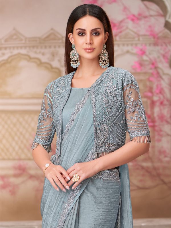 Cadet Grey Embroidered Party Saree In Georgette