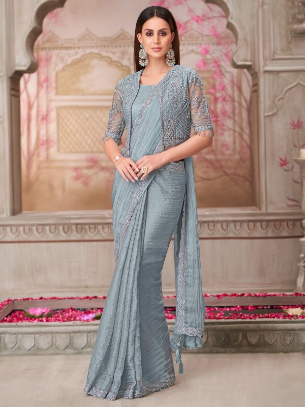Cadet Grey Embroidered Party Saree In Georgette