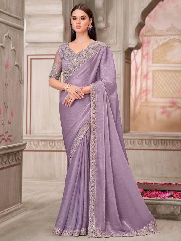 Lilac Party Wear Saree Floral Embroidered Borders
