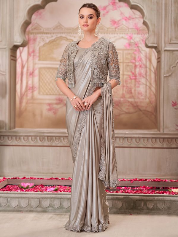 Grey Cocktail Wear Saree In Satin Silk