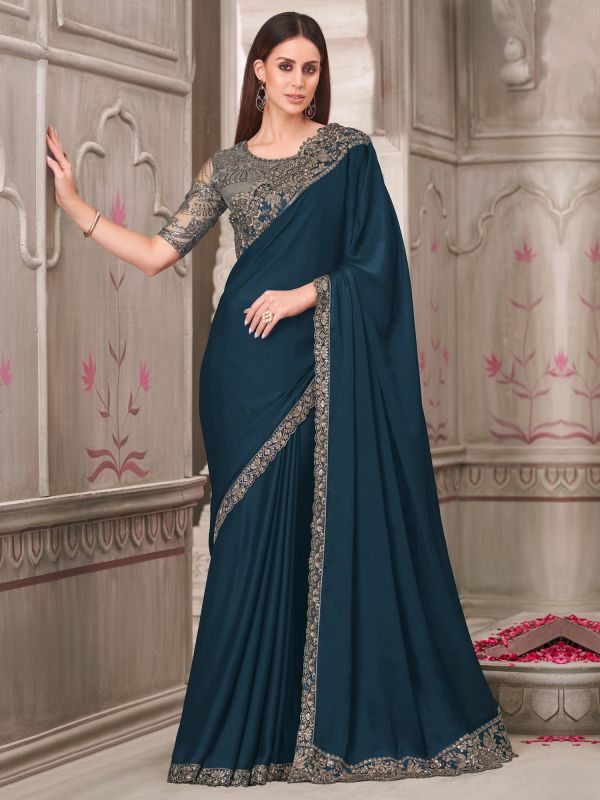 Blue Wedding Saree In Zari Work With Blouse