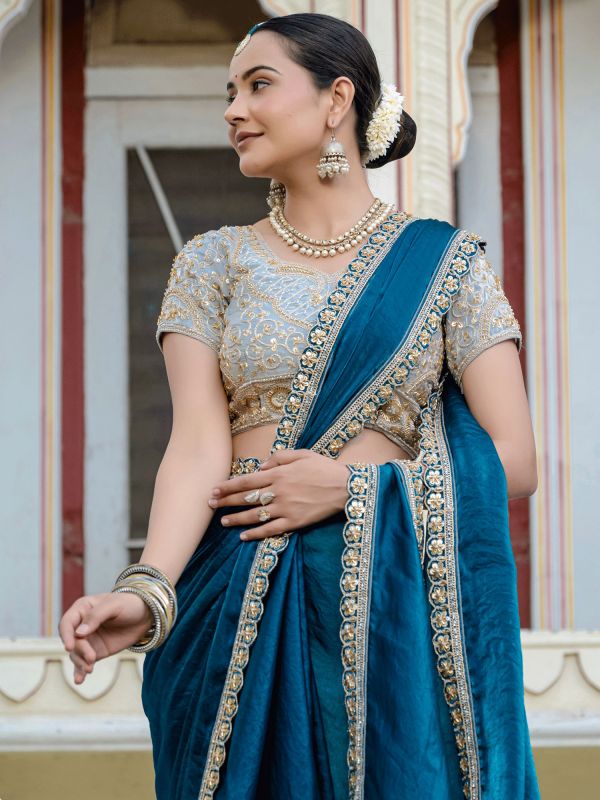 Blue Hand Work Enhanced Wedding Saree In Velvet