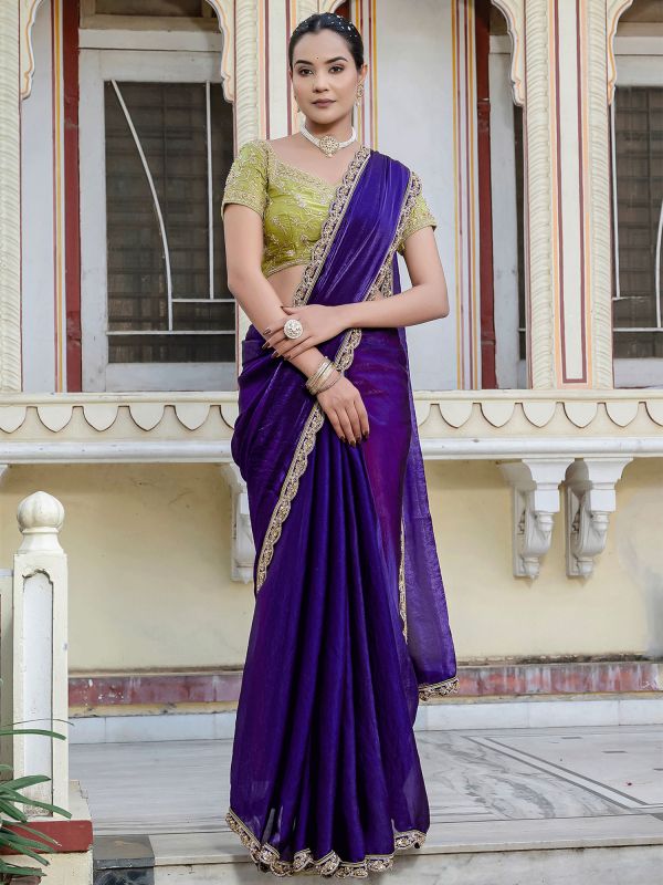 Royal Purple Party Saree In Hand Work Embroidery