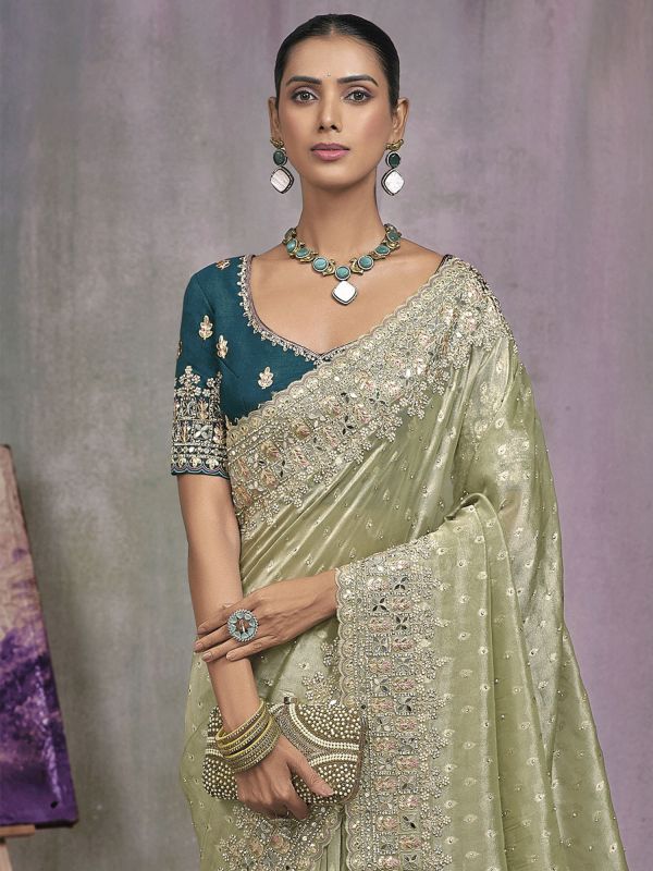 Green Heavy Mirror Embellished Wedding Saree