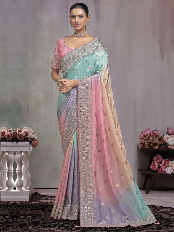 Multicolor Ombre Shaded Bridal Saree In Heavy Border