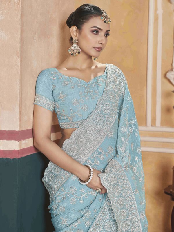 Light Blue Sequins Work Enhanced Party Saree