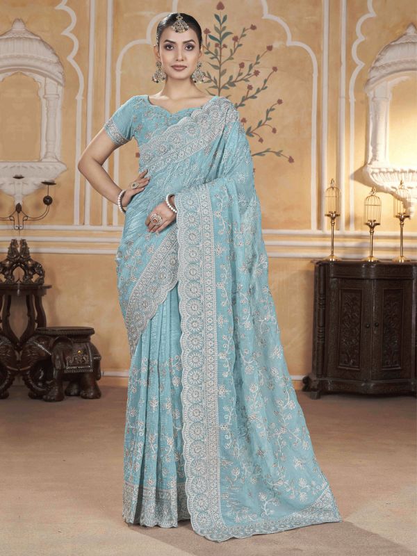 Light Blue Sequins Work Enhanced Party Saree