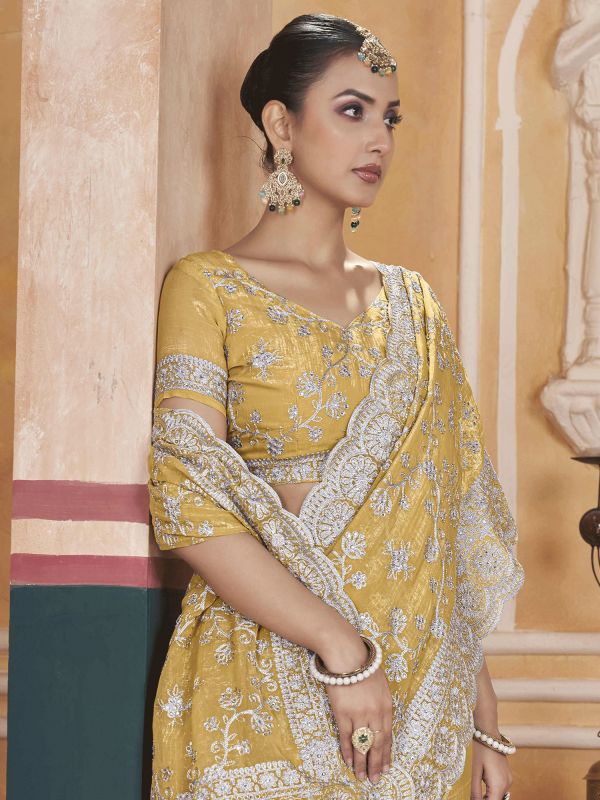Yellow Wedding Wear Embroidered Saree