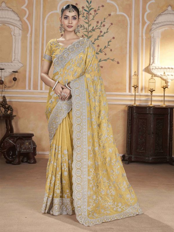Yellow Wedding Wear Embroidered Saree