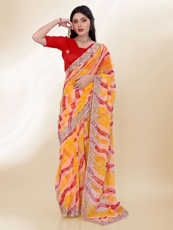 Multicolor Bandhej Printed Festive Wear Saree