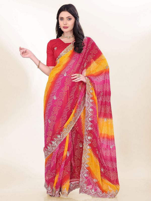Multicolor Georgette Saree In Bandhej Print