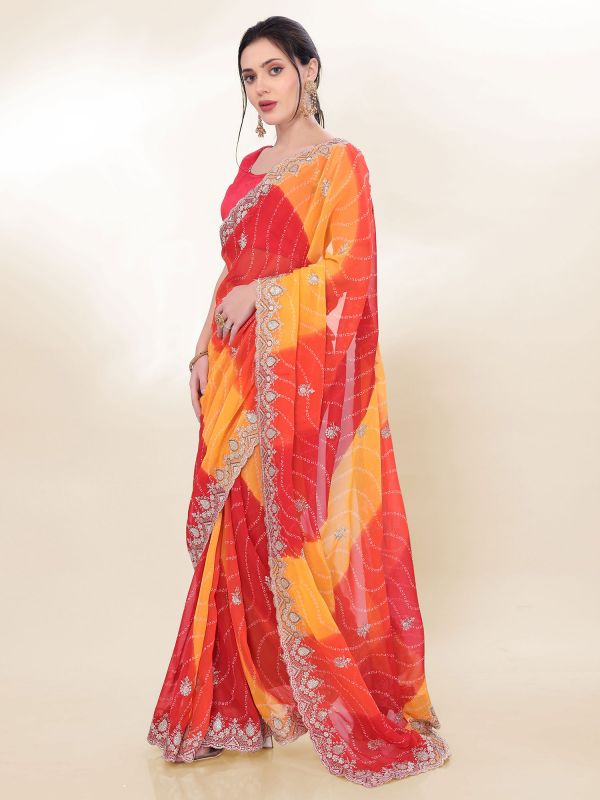 Red And Yellow Shaded Saree In Zari Work