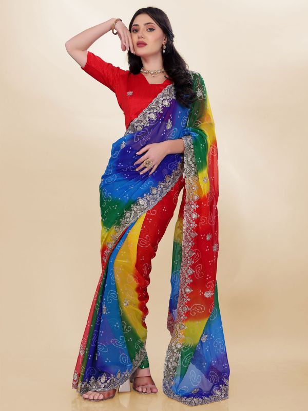 Multicolor Shaded Festive Saree In Bandhani Print