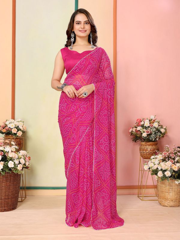 Pink Printed Readymade Saree In Georgette
