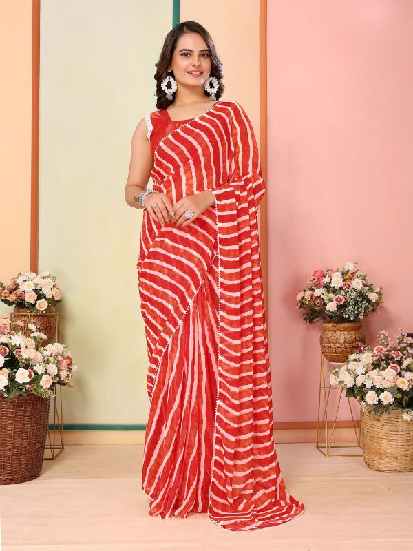 Red Festive Wear Readymade Saree In Print
