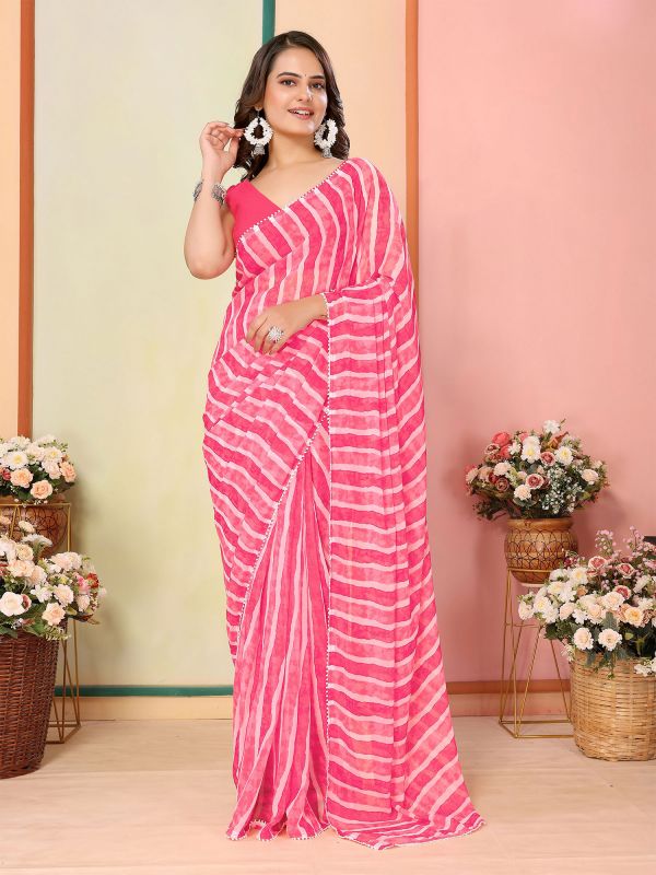 Pink Festive Readymade Saree In Traditional Print