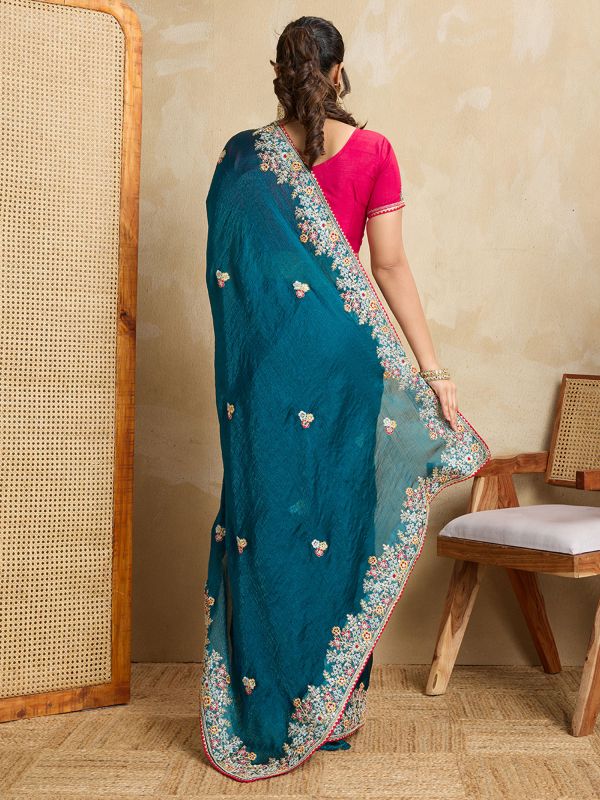 Blue Chiffon Saree With Floral Embellished Borders
