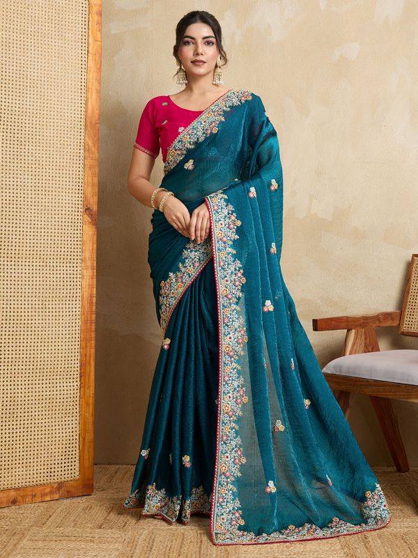 Blue Chiffon Saree With Floral Embellished Borders
