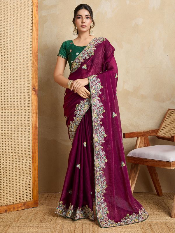 Wine Wedding Saree In Thread Embellishment