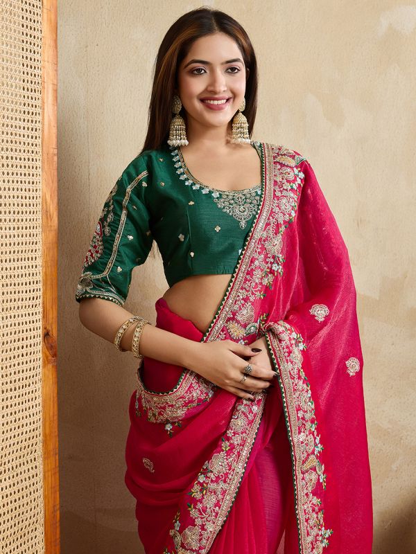 Bright Red Traditional Saree With Floral Borders