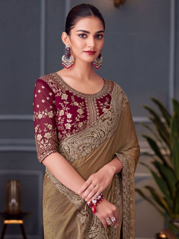Russet Brown Sequins Work Enhanced Saree