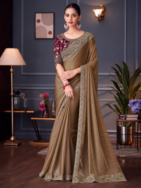 Russet Brown Sequins Work Enhanced Saree