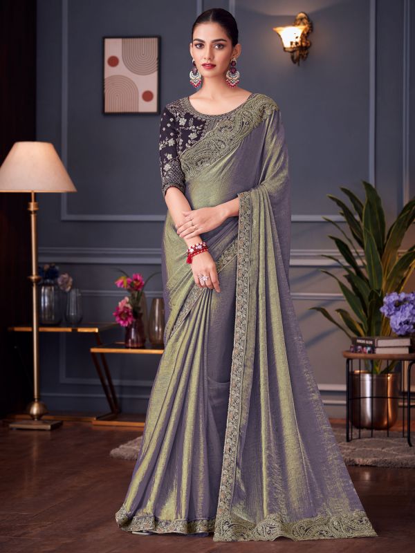 Dark Grey Embroidered Party Wear Saree