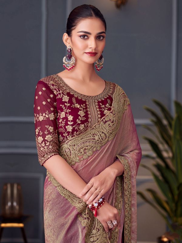 Mauve Pink Zari Augmented Wedding Saree