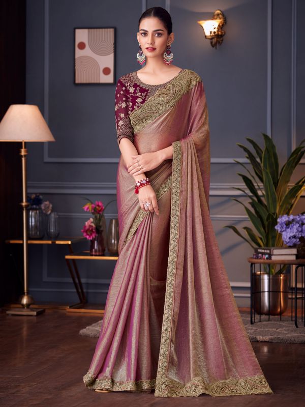 Mauve Pink Zari Augmented Wedding Saree