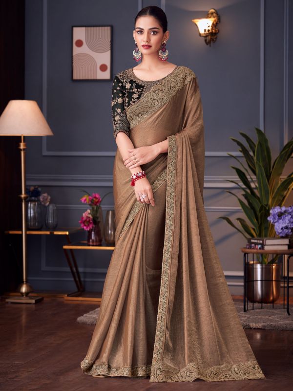 Golden Brown Wedding Saree With Blouse